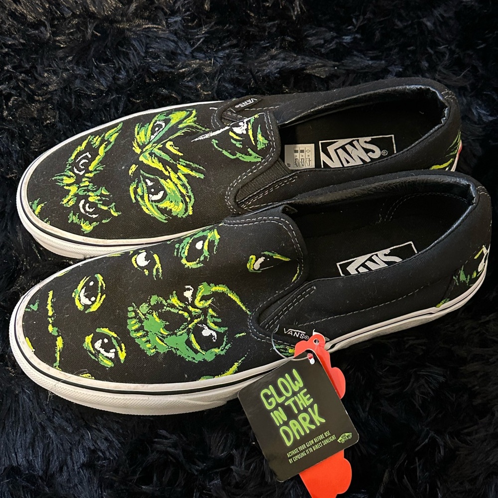 Vans Black and Green Graphic Slip-On Shoes